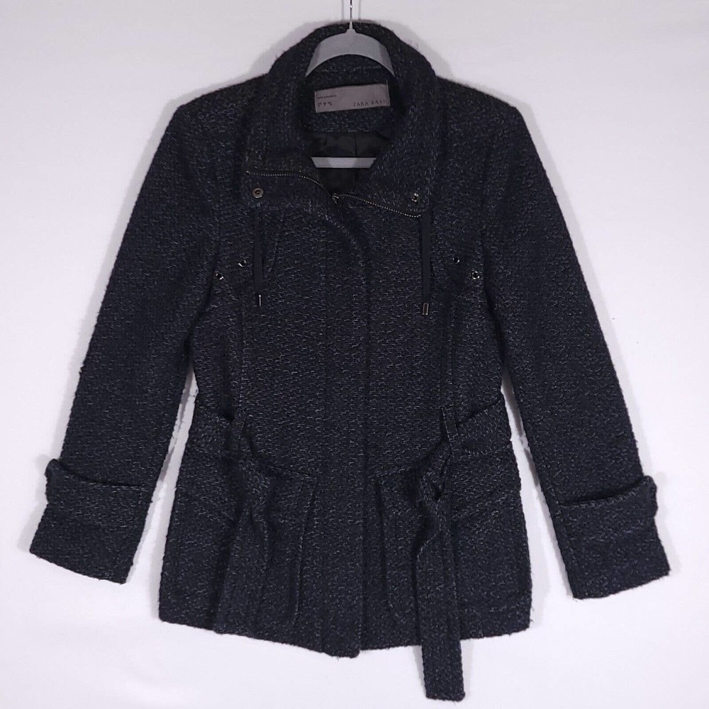 Zara Womens Wool Coat Jacket Size Medium Tweed Black Drawstring Snap Turtleneck